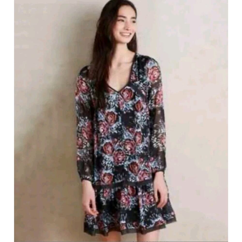 Anthropologie Maeve Black Red Floral Mini Dress Medium